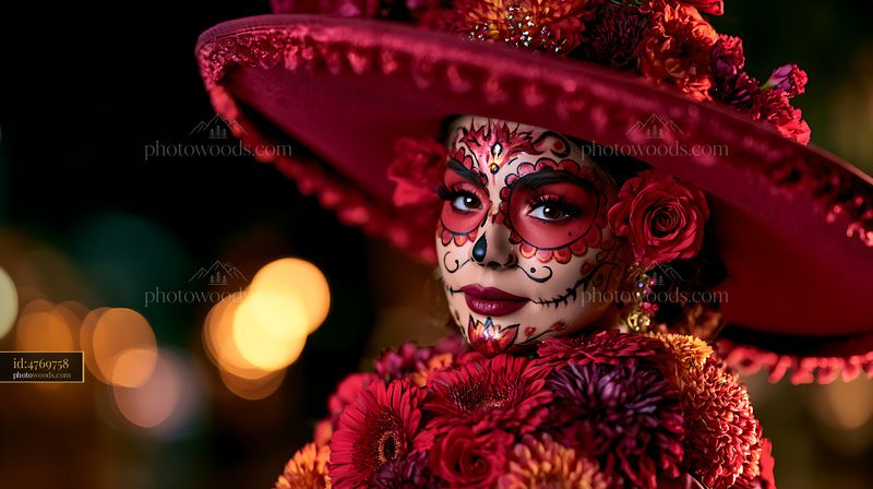 Portrait of a woman with sugar skull makeup and red flowers