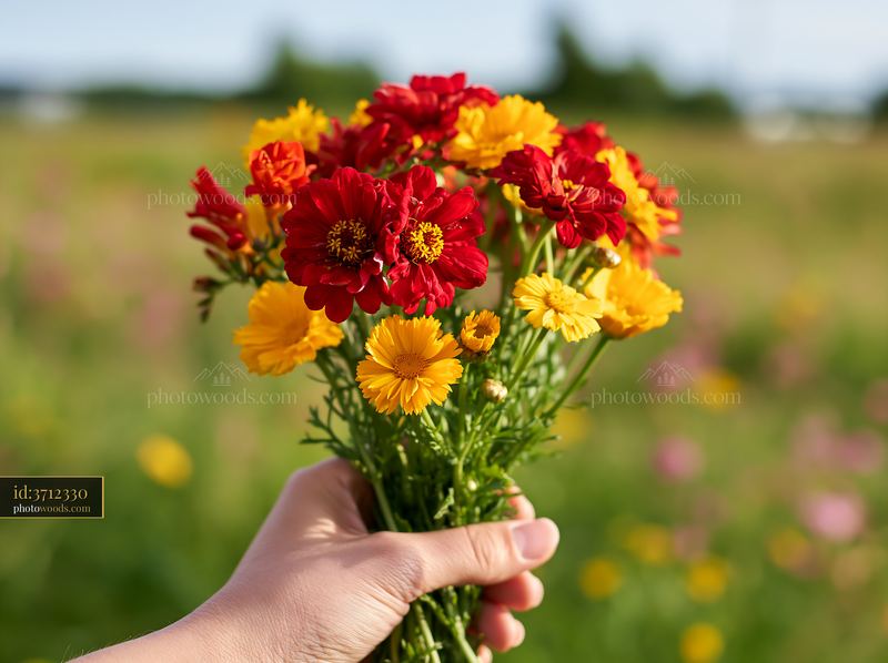 Close-up red and yellow blossoms held in hand with meadow background