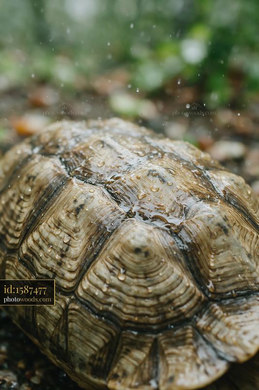 Turtle shell covered with raindrops in a forest setting