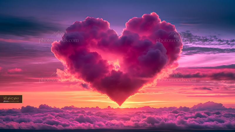 Heart-shaped clouds at sunset over the horizon
