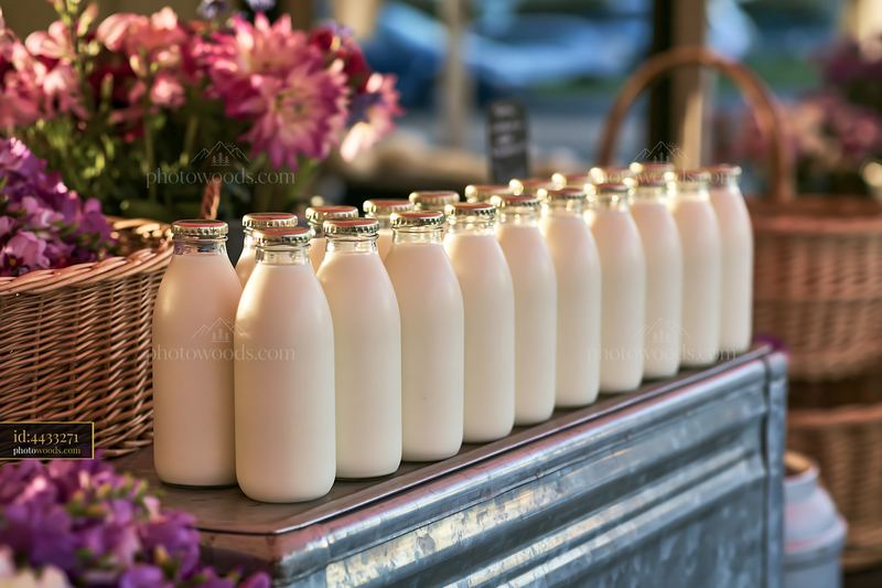 Cold milk bottles lined up in a metal cooler at a market