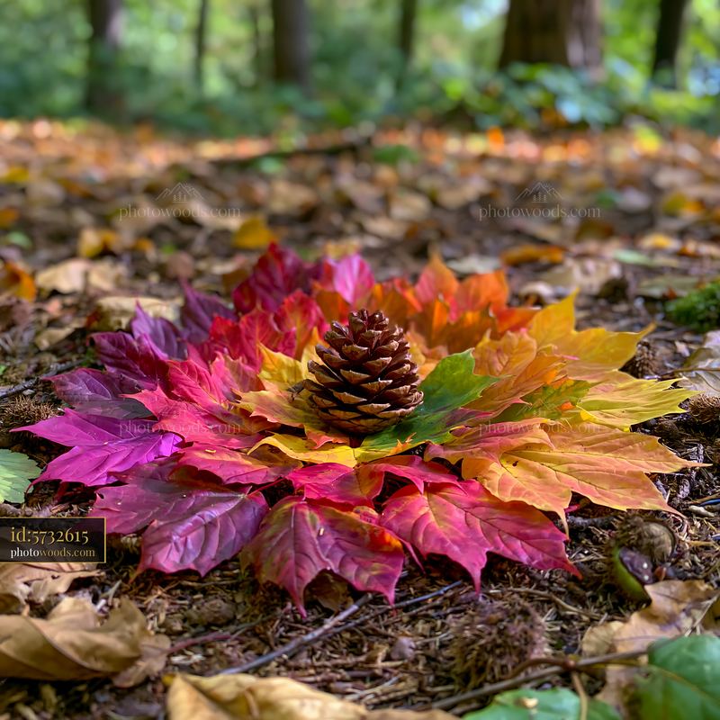 Colorful autumn leaves arranged in spiral on forest floor