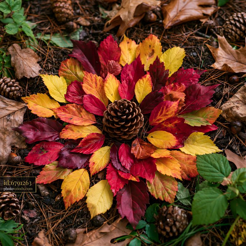 Colorful autumn leaves arranged in spiral on the forest floor