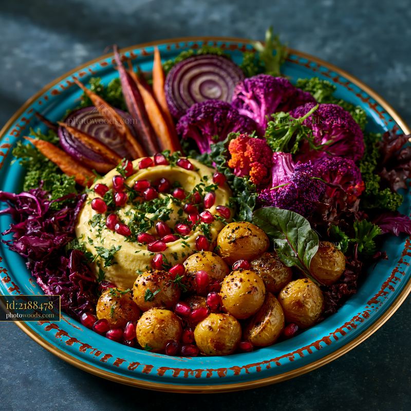 Colorful Buddha Bowl With Vegetables and Hummus