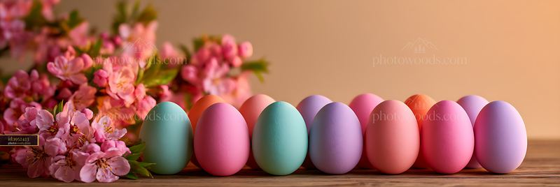 Colorful Easter eggs arranged with pink flowers