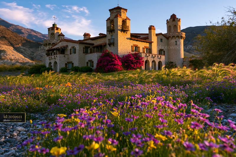 Colorful Flowers in Front of Historic Stone Castle During Sunset