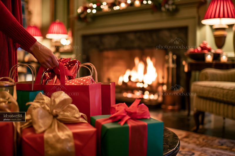 Holiday shopping bags beside fireplace in cozy living room