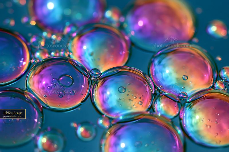 Rainbow oil droplets on water surface with bubbles