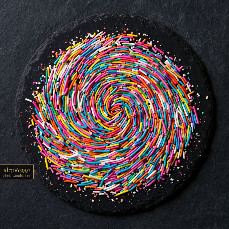 Rainbow sprinkles arranged in a swirl on a dark background