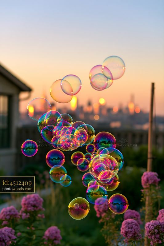 Colorful soap bubbles forming swirl in a garden at sunset