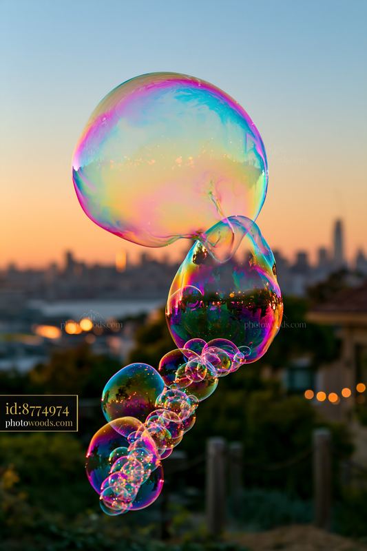 Colorful soap bubbles forming swirl at sunset over the city