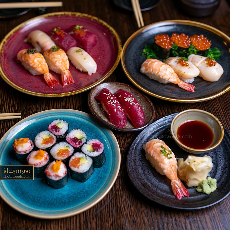 Modern sushi presentation with various types on plates