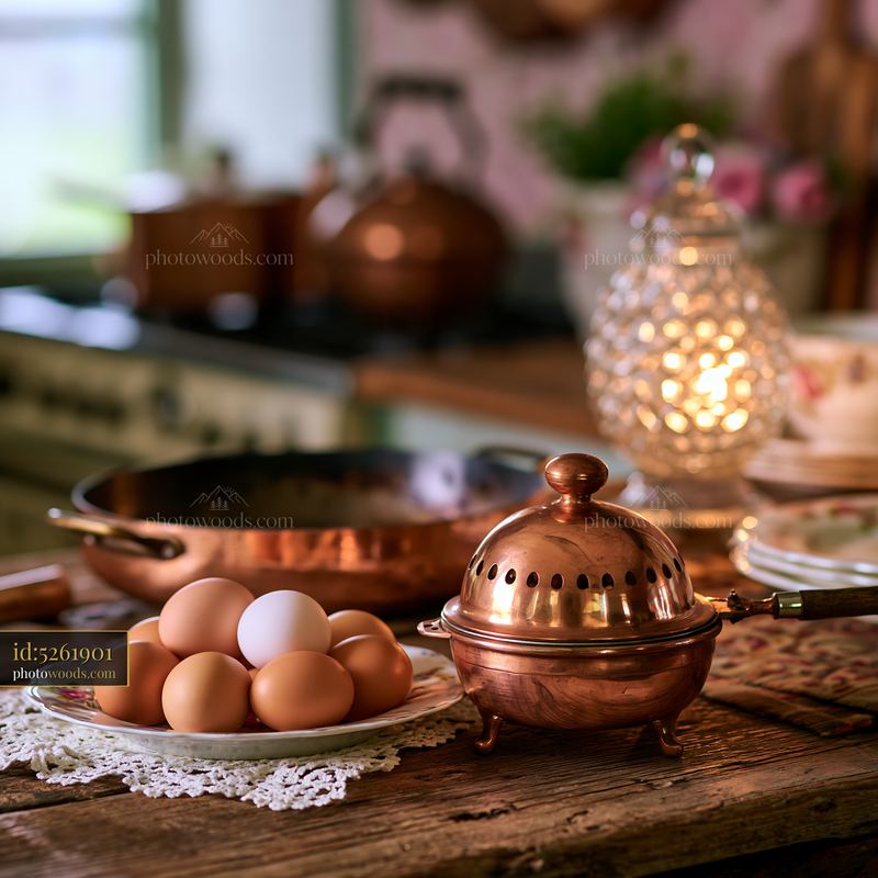 Farmhouse kitchen with copper cookware and eggs on a wooden table