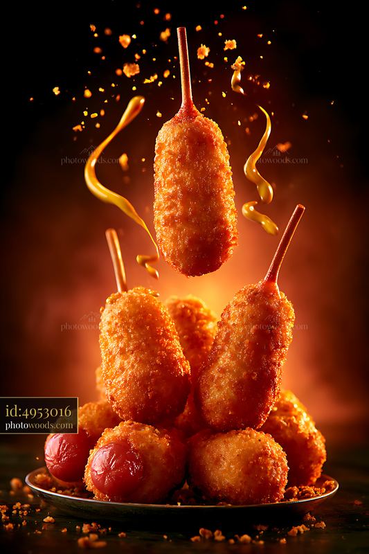 Corn Dogs Suspended With Mustard Ribbons in Dark Setting