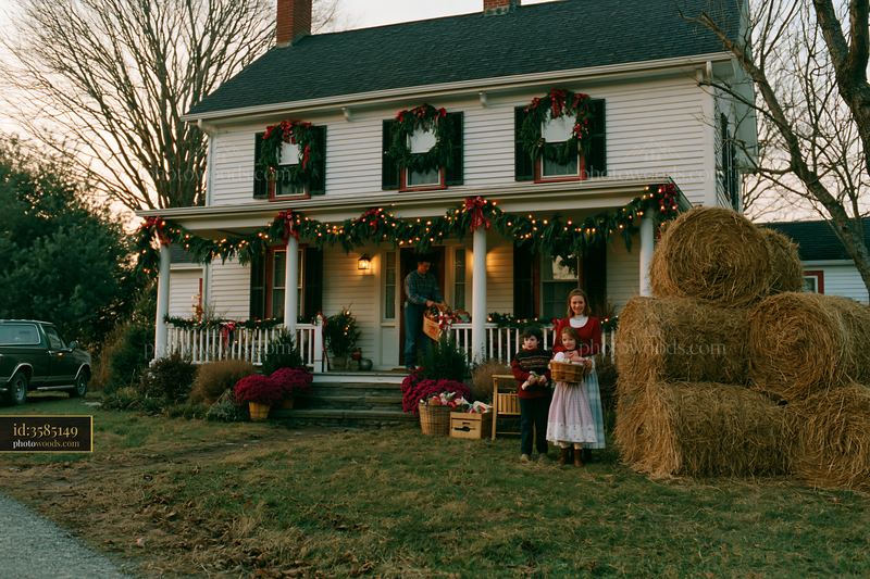 Festive country house decorated with pine garlands and lights