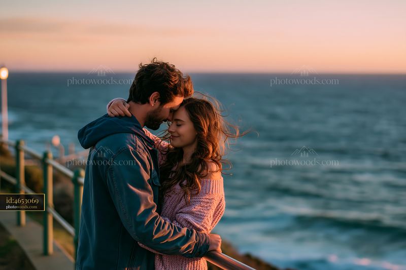 Couple embracing by the ocean as one partner kisses the other's foreha
