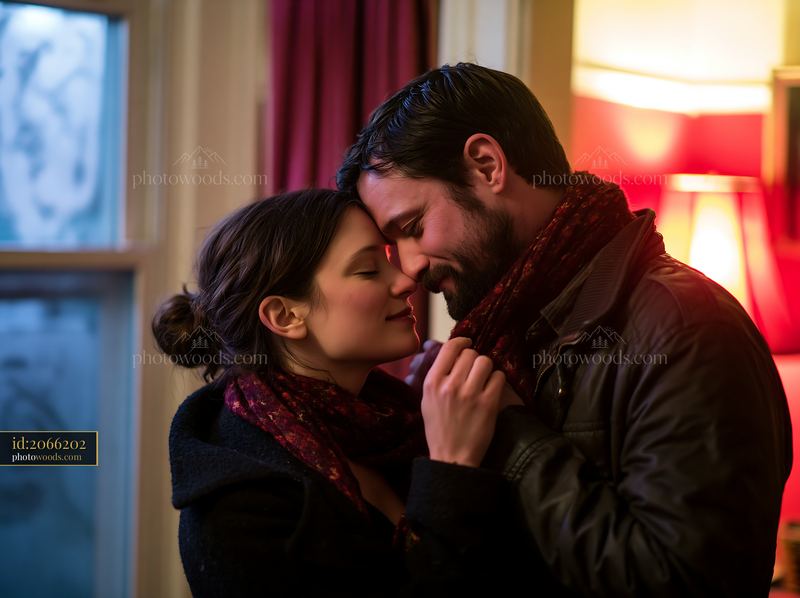 Tender couple sharing an intimate forehead kiss indoors