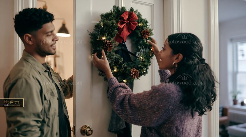Couple decorating a Christmas wreath on an apartment door