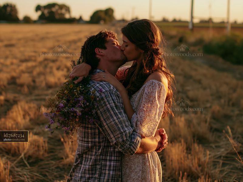 Couple kissing in a sunlit rural field