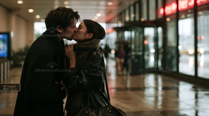 Couple kissing in a modern indoor passage