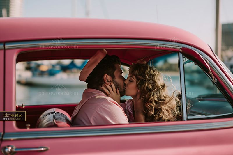 Couple kissing inside a pink vintage car