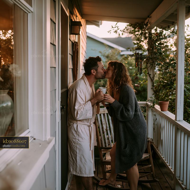 Couple kissing on a porch while holding coffee cups