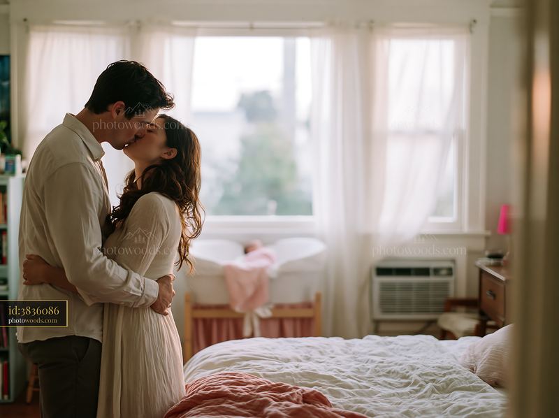 Couple kissing in a bright bedroom