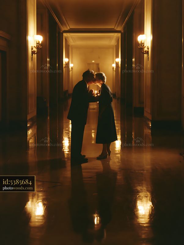Couple kissing in a warmly lit elegant hallway