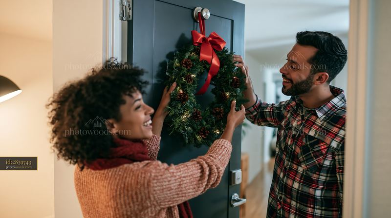 Couple hanging a Christmas wreath on an apartment door