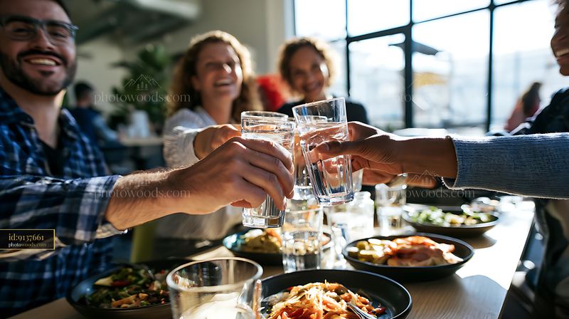 Coworkers toasting during a casual office lunch