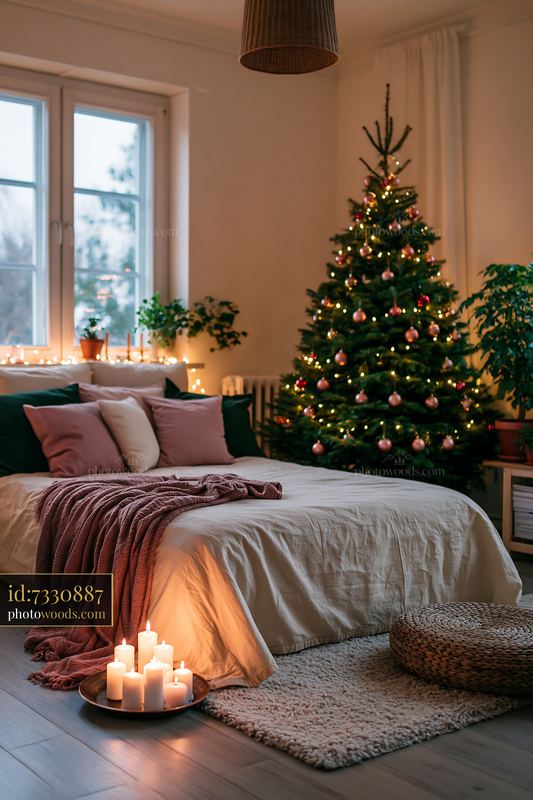 Cozy bedroom with decorated Christmas tree and candlelight