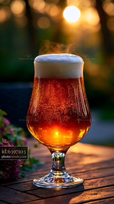 Craft Beer in Tulip Glass With Foam at Sunset
