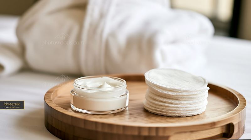 Cream dose beside cotton pads on a wooden tray