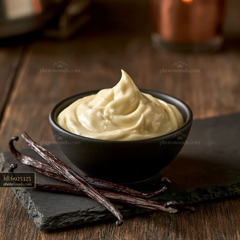 Cream dose with vanilla pods in a black bowl