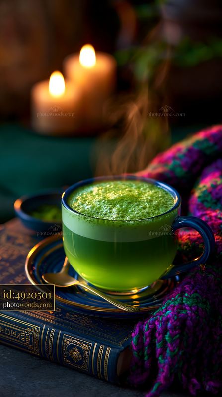 Creamy Matcha Latte in Green Mug With Glowing Candles