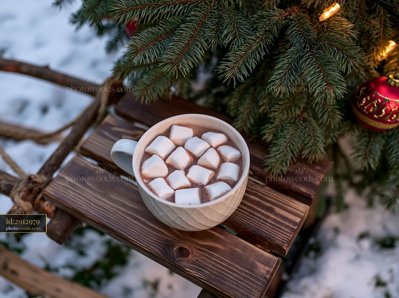 Warm cocoa with marshmallows beside a decorated evergreen tree