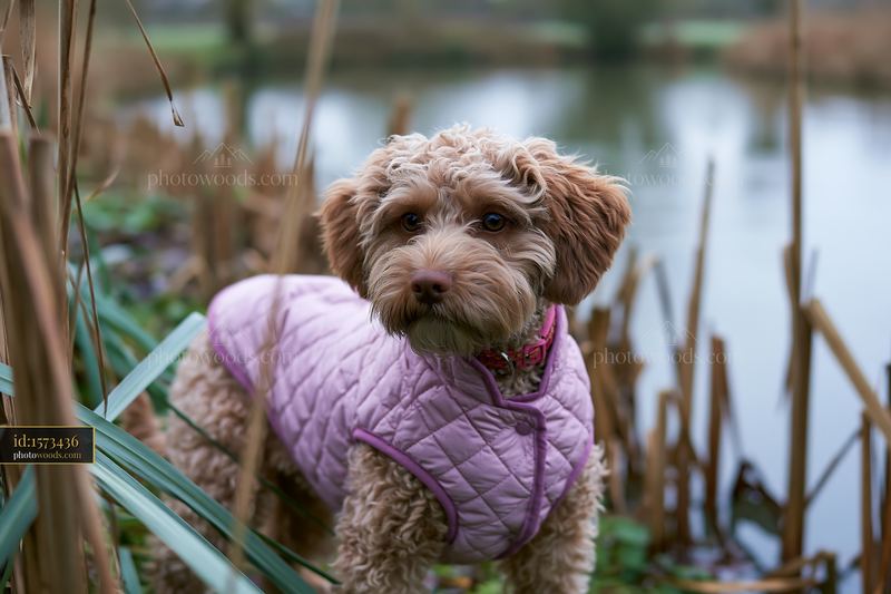 Curly-coated dog wearing a quilted winter coat by a pond