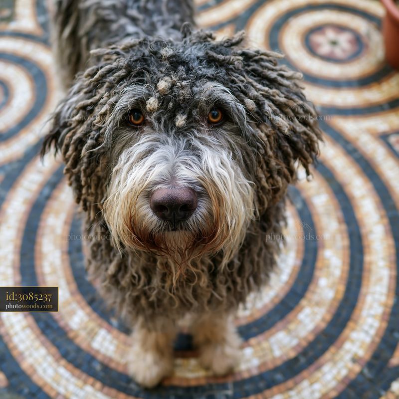 Curly-coated dog photographed from above on patterned floor