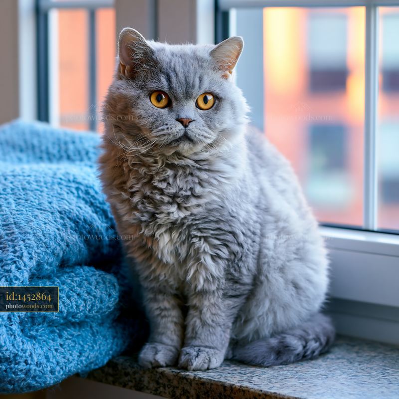 Selkirk Rex cat portrait by a window
