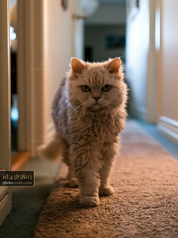 Curly-haired cat standing on a carpeted hallway floor