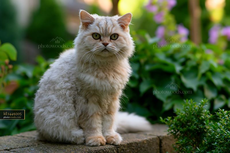 Selkirk Rex cat portrait in a flowering garden