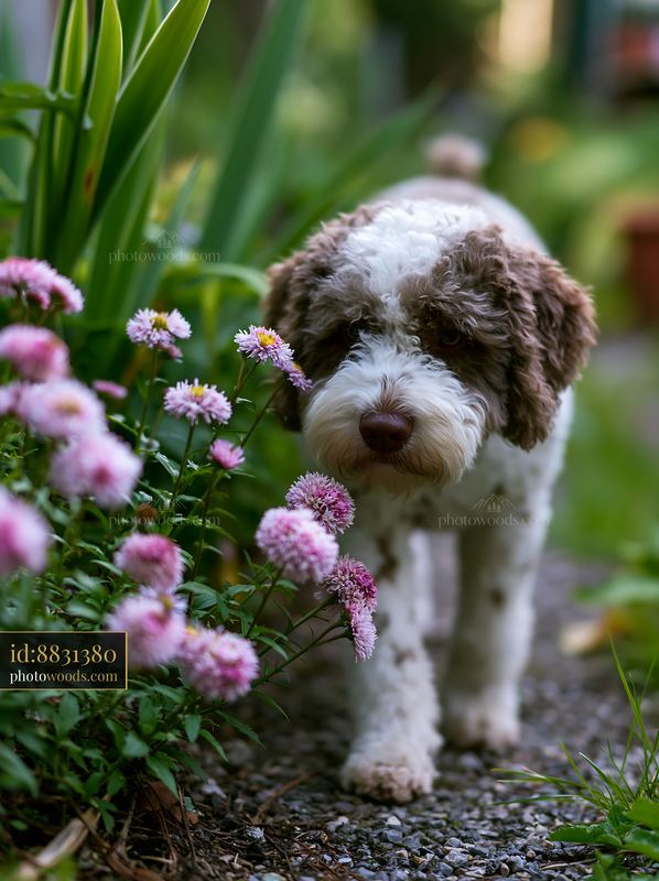 Curly-haired dog with a spotted coat stands among pink flowers in a lush garden.