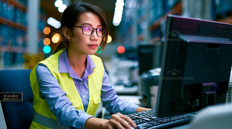 Customs Clerk Digitizing Freight Documents in Warehouse Setting
