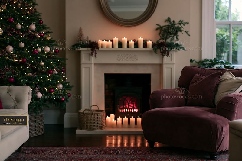 Christmas living room with glowing candles and decorated tree