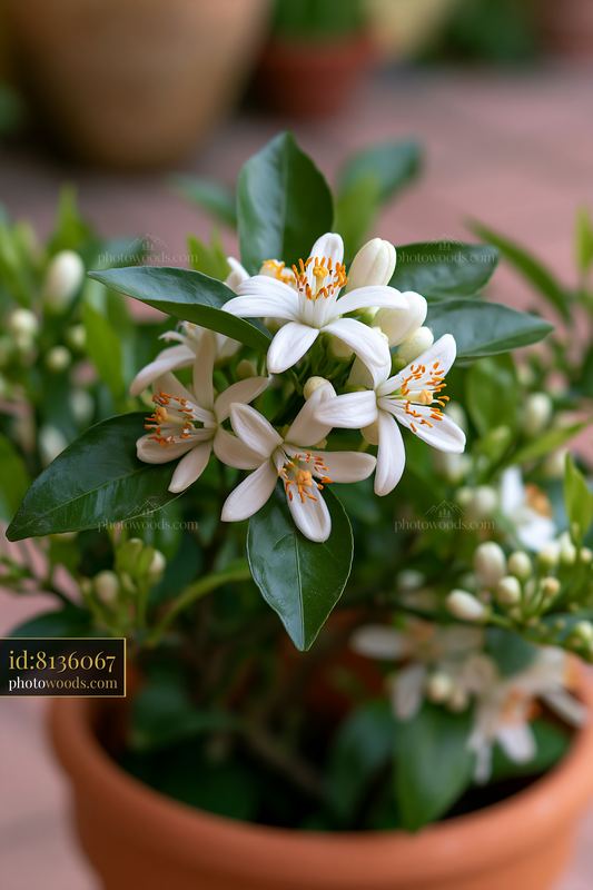 Orange tree flowers in bloom showcasing white petals and green leaves