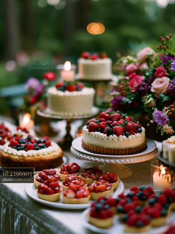 Beautiful catering buffet setup with desserts and decorative flowers