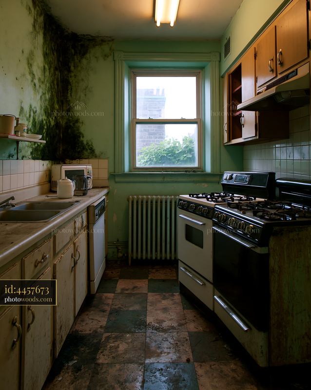 Dilapidated Kitchen With Mold and Outdated Appliances in Interior