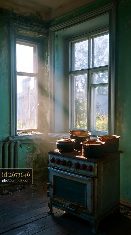 Dilapidated Kitchen With Mold and Sunlight Streaming In