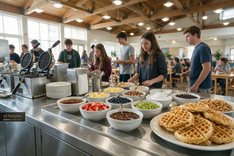 Waffle buffet station with toppings in a bright dining hall