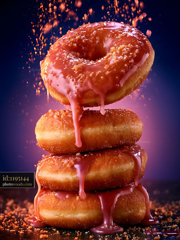 Doughnuts Stacked With Glaze Dripping and Colorful Background
